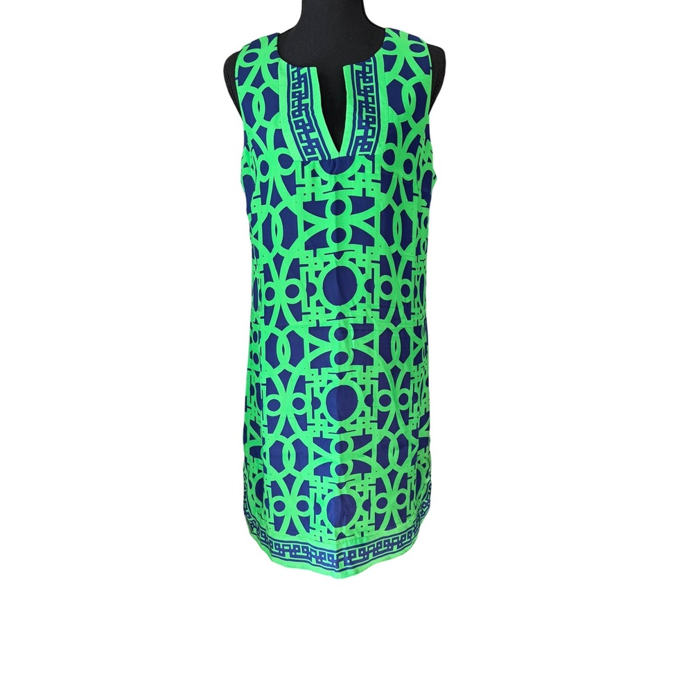 Alice & Trixie Silk Shift Dress Green Blue Geometric Mod Resort Preppy Medium